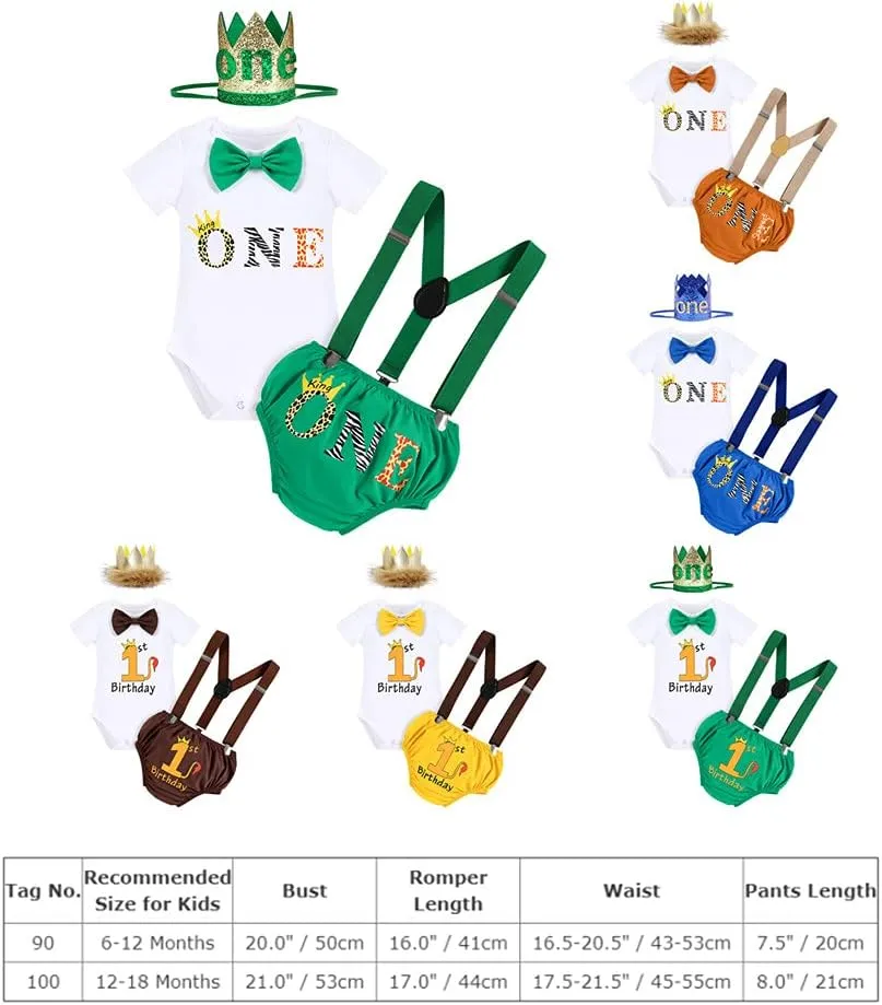 ODASDO Baby Boy Jungle Safari Theme 1st 2nd Birthday Cake Smash Outfit Romper T-shirt Shorts Suspenders Headband Set