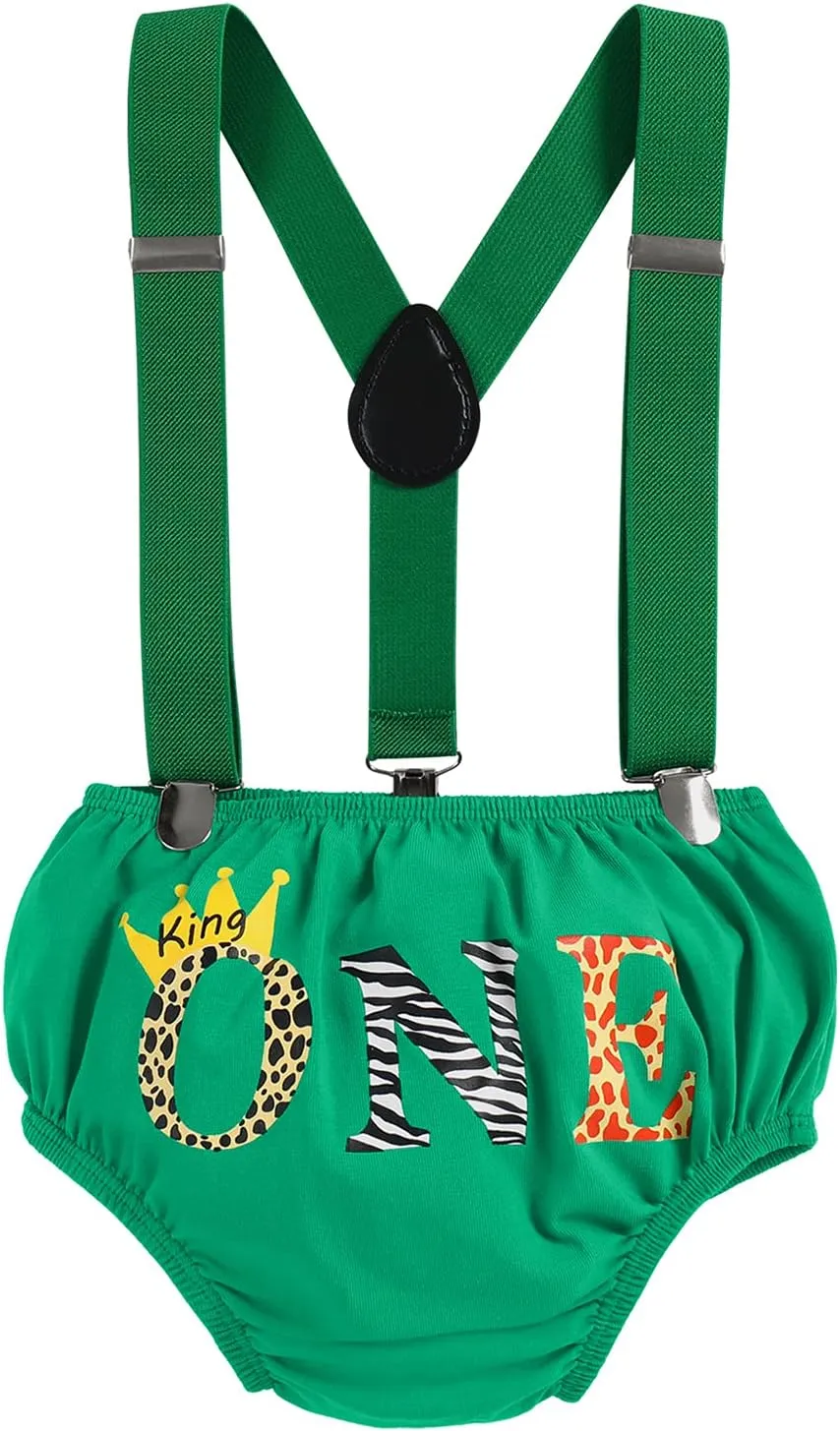 ODASDO Baby Boy Jungle Safari Theme 1st 2nd Birthday Cake Smash Outfit Romper T-shirt Shorts Suspenders Headband Set