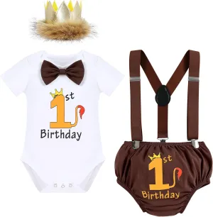 ODASDO Baby Boy Jungle Safari Theme 1st 2nd Birthday Cake Smash Outfit Romper T-shirt Shorts Suspenders Headband Set
