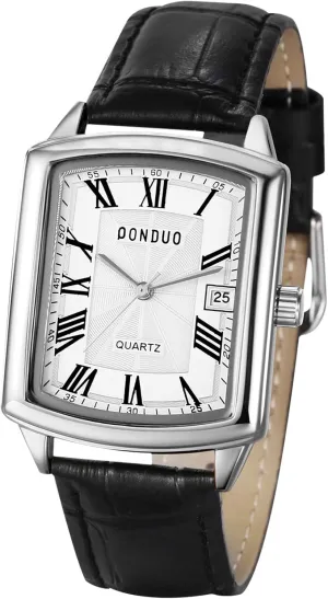 OIDEA Square Leather Watch for Men: Vintage 3-Hand Roman Numeral Dial Date Quartz Analog Watch Business Casual Dress Men's Wrist Watches with Leather Strap Band