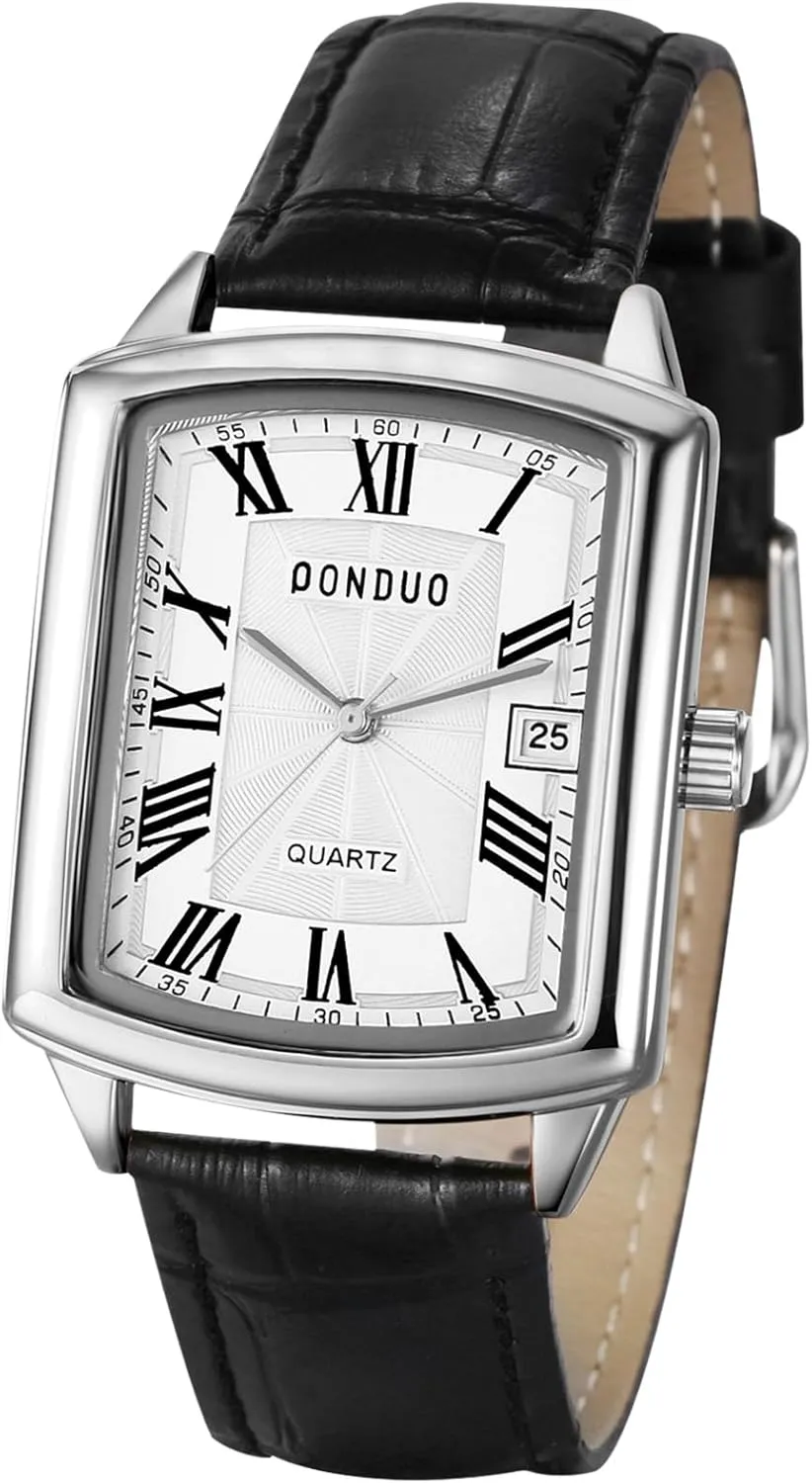 OIDEA Square Leather Watch for Men: Vintage 3-Hand Roman Numeral Dial Date Quartz Analog Watch Business Casual Dress Men's Wrist Watches with Leather Strap Band