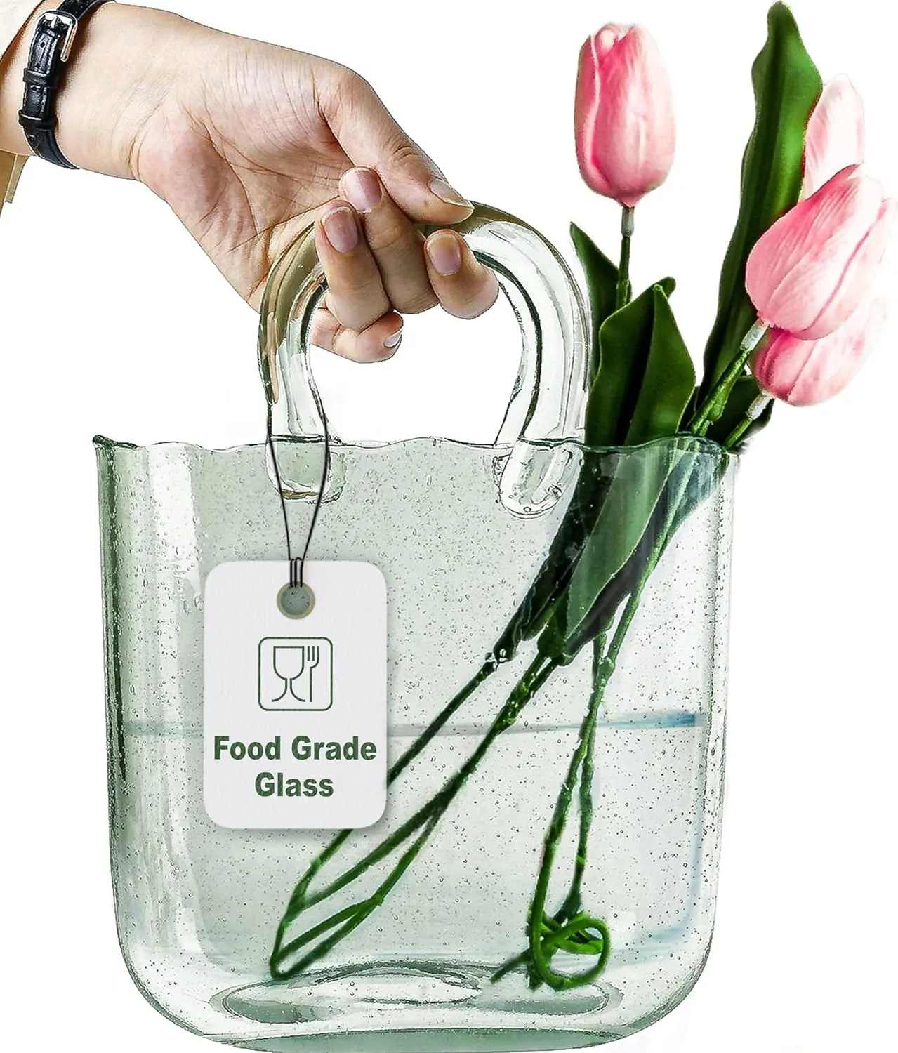 OLEEK Purse Vase for Flowers (Handmade) - 10 Inches Clear Glass Purse Vase - Cool & Cute vases for centerpieces, Fish Bowl - Unique Glass Handbag Flower vase Decorative - Wide Mouth Glass Purse