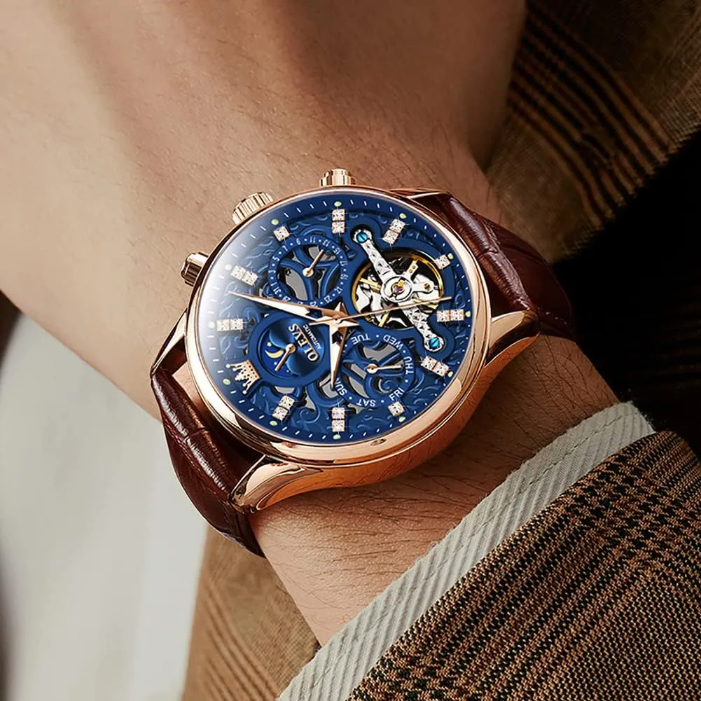 OLEVS Men Skeleton Watch Automatic Mechanical Dress Casual Brown Black Leather Moon Phase Luminous Waterproof Wrist Watches