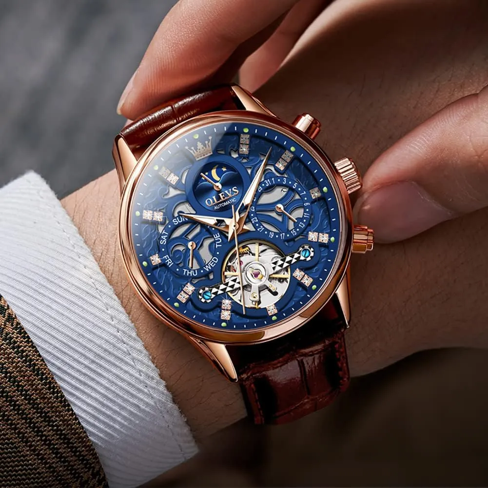 OLEVS Men Skeleton Watch Automatic Mechanical Dress Casual Brown Black Leather Moon Phase Luminous Waterproof Wrist Watches