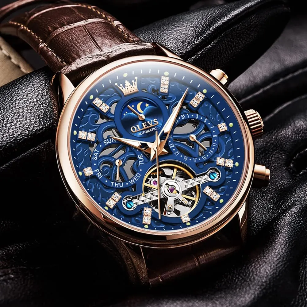 OLEVS Men Skeleton Watch Automatic Mechanical Dress Casual Brown Black Leather Moon Phase Luminous Waterproof Wrist Watches