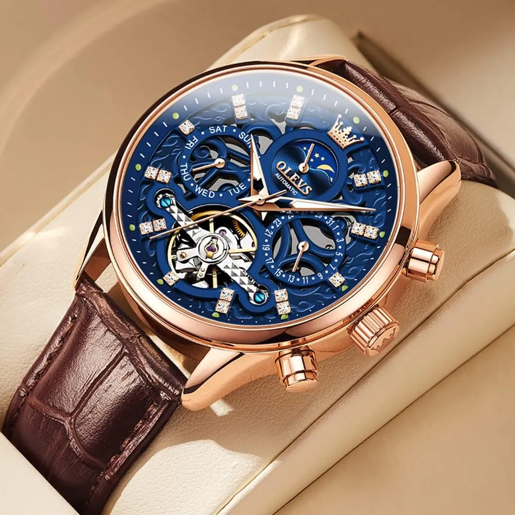 OLEVS Men Skeleton Watch Automatic Mechanical Dress Casual Brown Black Leather Moon Phase Luminous Waterproof Wrist Watches