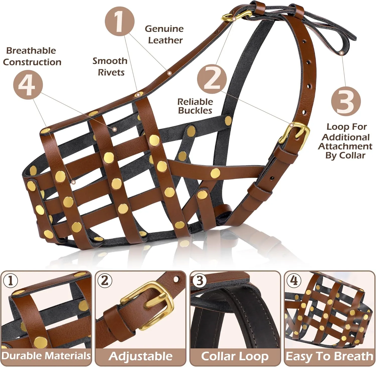 OOPSDOGGY German Shepherd Dog Muzzle for Large Dogs - Leather Breathable Secure Basket Muzzle for Large Breeds Prevents Biting No Chewing Adjustable (Brown, L)