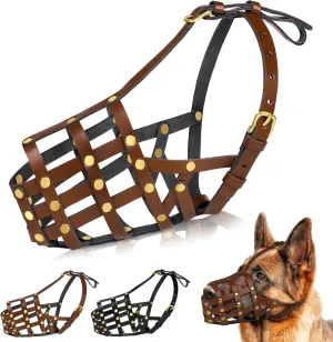 OOPSDOGGY German Shepherd Dog Muzzle for Large Dogs - Leather Breathable Secure Basket Muzzle for Large Breeds Prevents Biting No Chewing Adjustable (Brown, L)