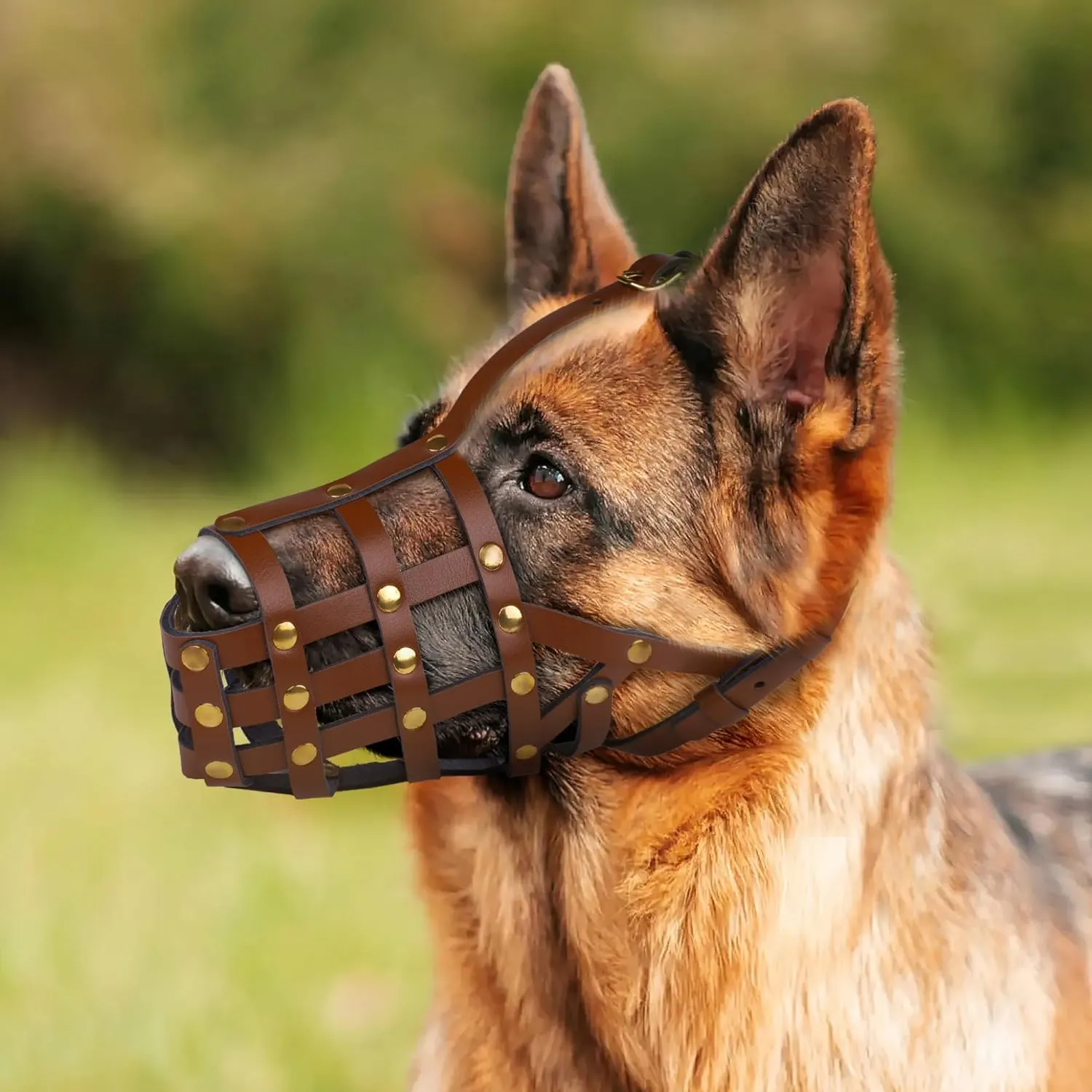 OOPSDOGGY German Shepherd Dog Muzzle for Large Dogs - Leather Breathable Secure Basket Muzzle for Large Breeds Prevents Biting No Chewing Adjustable (Brown, L)