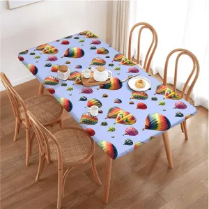OOzie Blue Fitted Tablecloth Nostalgic Hot Air Balloons in Sky Flying Journey Elastic Fitted Tablecloth Waterproof Wipeable Colorful Fits up 4 Foot Tables