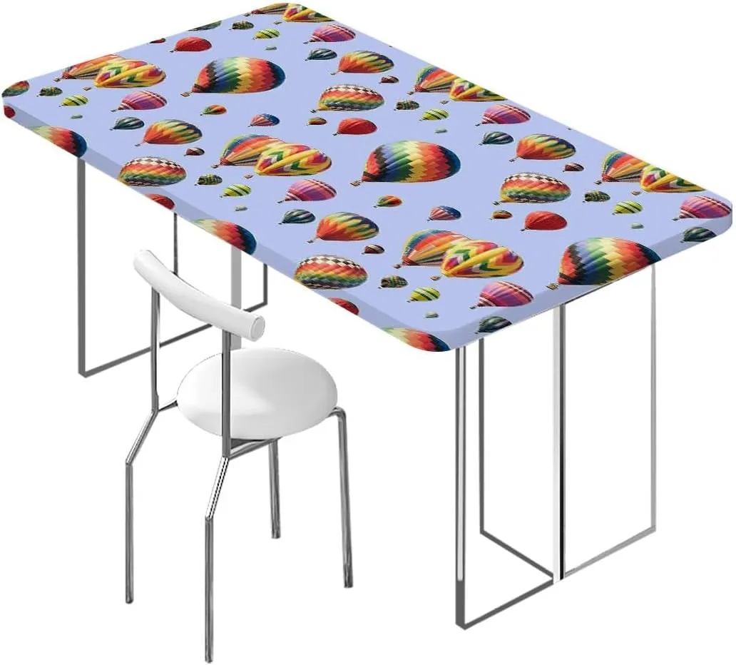 OOzie Blue Fitted Tablecloth Nostalgic Hot Air Balloons in Sky Flying Journey Elastic Fitted Tablecloth Waterproof Wipeable Colorful Fits up 4 Foot Tables