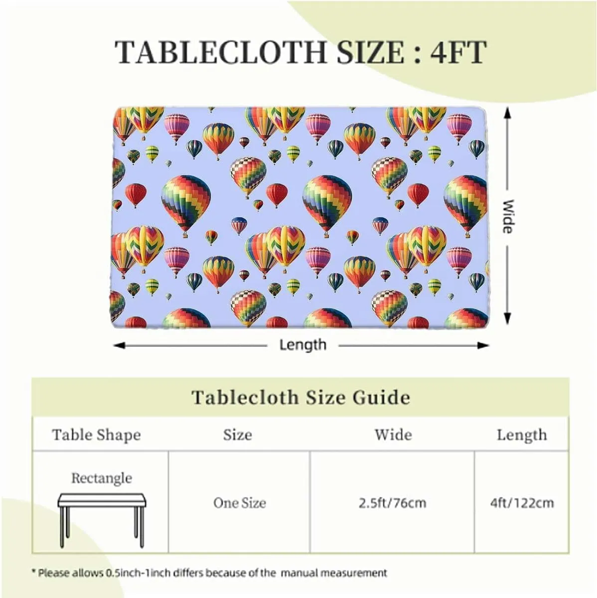 OOzie Blue Fitted Tablecloth Nostalgic Hot Air Balloons in Sky Flying Journey Elastic Fitted Tablecloth Waterproof Wipeable Colorful Fits up 4 Foot Tables