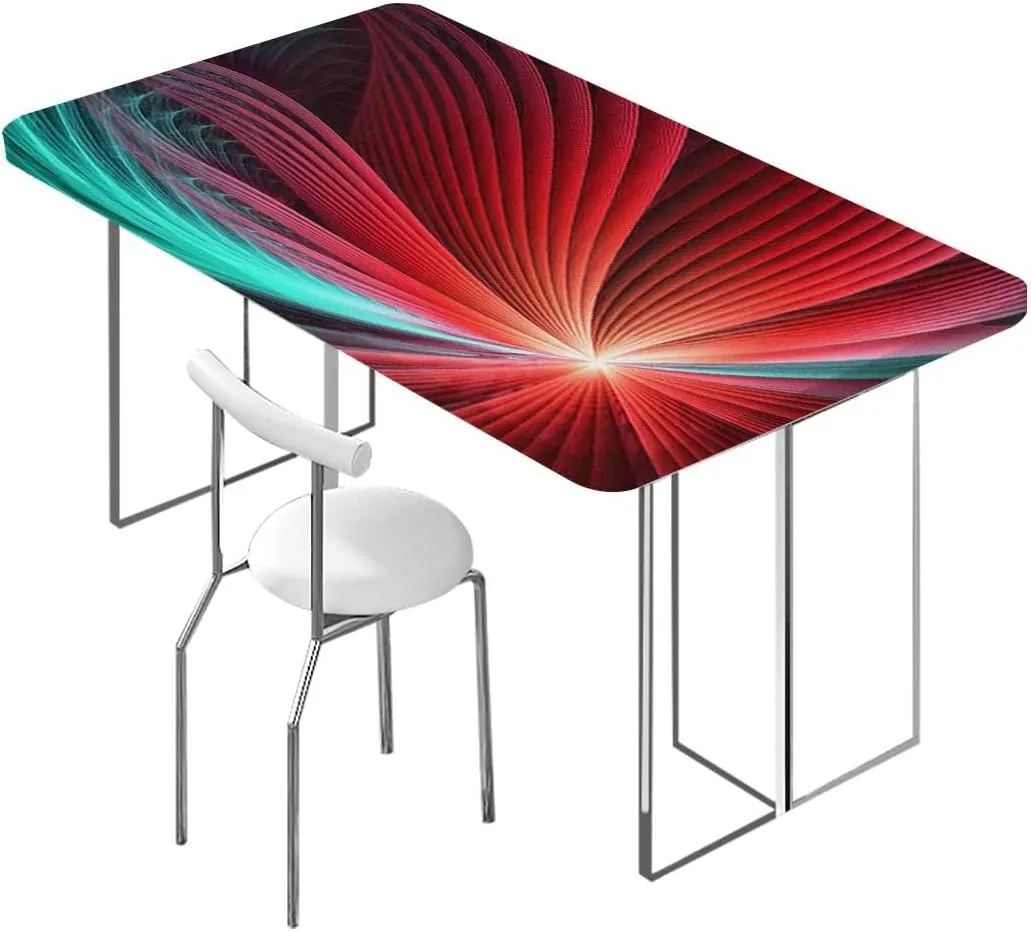 OOzie Red Multicolor Fitted Tablecloth Colorful Hand Drawn Waves Pattern Wooden Boards Oil Proof Waterproof Tablecloth for Picnic Party Abstract Fits up 5 Foot Tables
