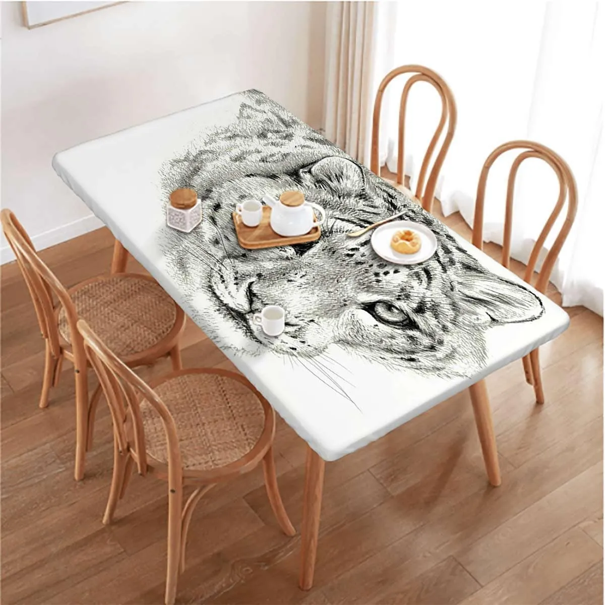 OOzie White Black Rectangular Table Covers, Tiger Portrait Style Predator Waterproof Table Cloths for Kitchen Holiday Party Outdoor Picnic Animal Portrait Fits up 4 Foot Tables