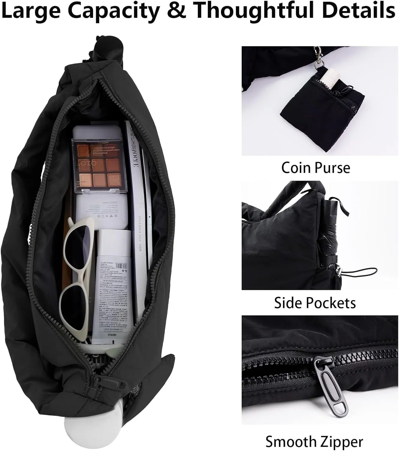 ORAD Nylon Shoulder Bag for Women Puffer Nylon Hobo Purse Lightweight Large Nylon Hobo Handbag Nylon Crescent Bag with Zipper