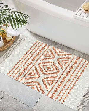 Orange Boho Entryway Rug 2X3 Ft Bathroom Mat, Washable Woven Throw Carpet with Tassel, Farmhouse Abstract Geometric Stripes Art Non-Shedding Indoor Outdoor Kitchen Doormats