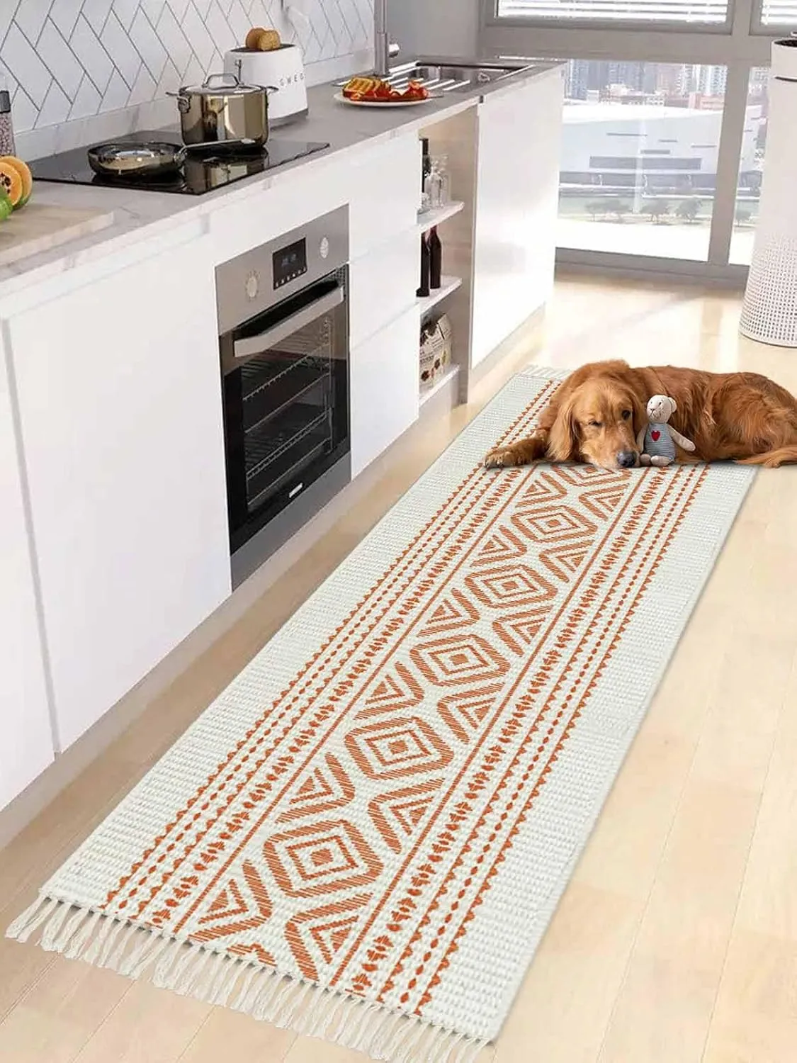 Orange Boho Hallway Runner Rug 2X6 Ft Kitchen Carpet, Washable Woven Throw Carpet with Tassel, Farmhouse Abstract Geometric Stripes Art Non-Shedding Bedroom Laundry Rugs