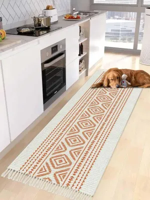 Orange Boho Runner Rug 2X4 Ft Entryway Outdoor Indoor Mat, Washable Woven Throw Carpet with Tassel, Farmhouse Abstract Geometric Stripes Art Non-Shedding Hallway Bath Mats