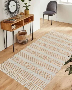 Orange Boho Runner Rug 3X5 Ft Bedroom Area Rug, Washable Woven Throw Carpet with Tassel, Natural Farmhouse Vintage Striped Art Non-Shedding Dining Room Living Room Carpets