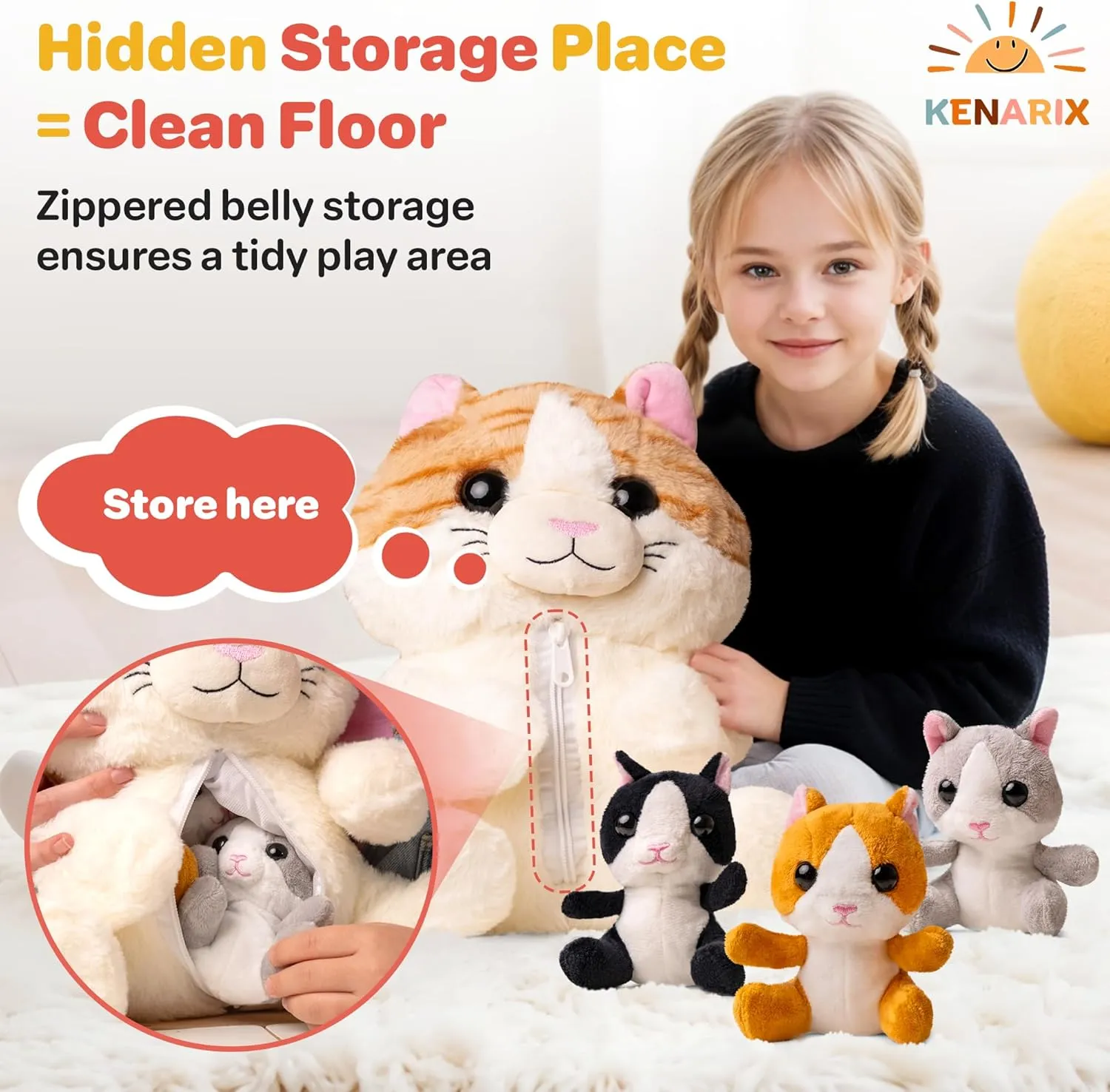 Orange Large Cat Stuffed Animal - Mommy & 3 Cute Baby Kittens Inside Belly - Soft Plush Cat Family Set for Girls, Kids & Toddlers Ages 3-8 - Adorable Kitty Cuddle Toys, Ideal for Christmas, Birthday
