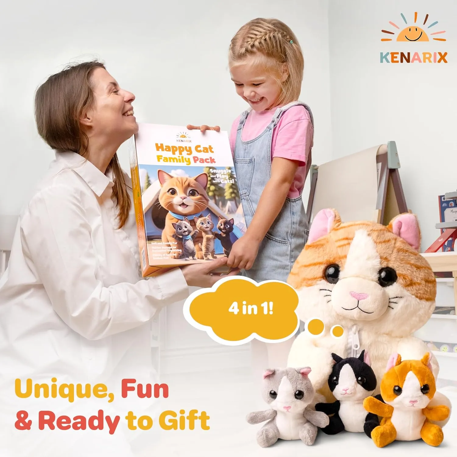 Orange Large Cat Stuffed Animal - Mommy & 3 Cute Baby Kittens Inside Belly - Soft Plush Cat Family Set for Girls, Kids & Toddlers Ages 3-8 - Adorable Kitty Cuddle Toys, Ideal for Christmas, Birthday