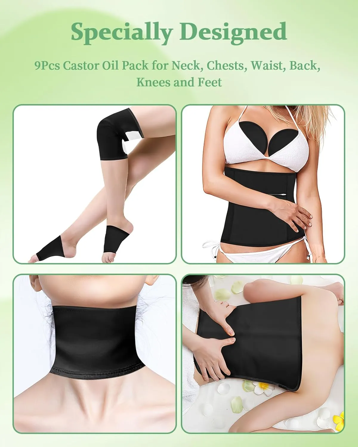 Organic Castor Oil Pack Kit - 9 Pcs Reusable Wrap for Neck, Chest, Waist, Back, Knee & Feet - Adjustable Elastic Straps, Machine Washable, Anti-Oil Leak
