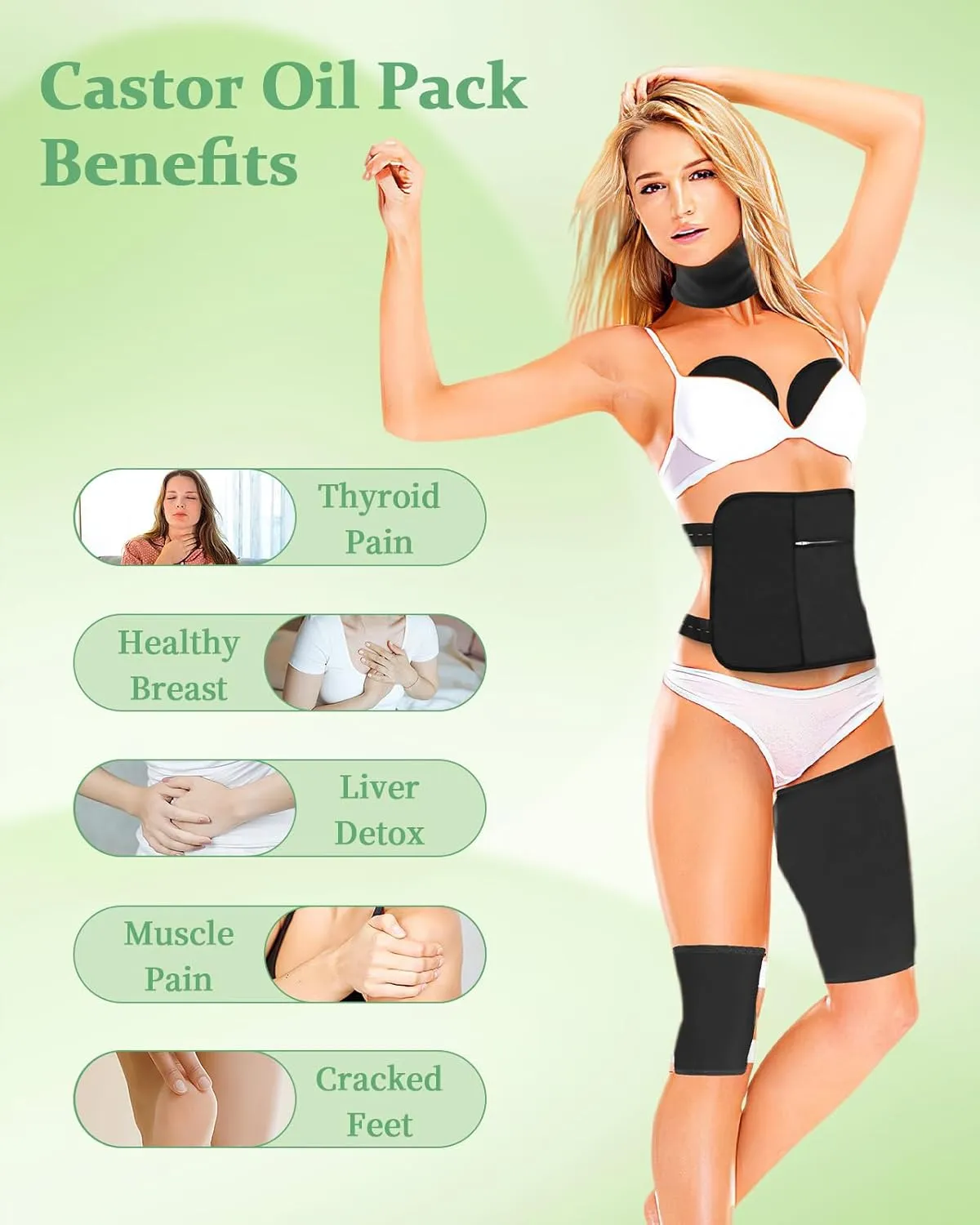 Organic Castor Oil Pack Kit - 9 Pcs Reusable Wrap for Neck, Chest, Waist, Back, Knee & Feet - Adjustable Elastic Straps, Machine Washable, Anti-Oil Leak