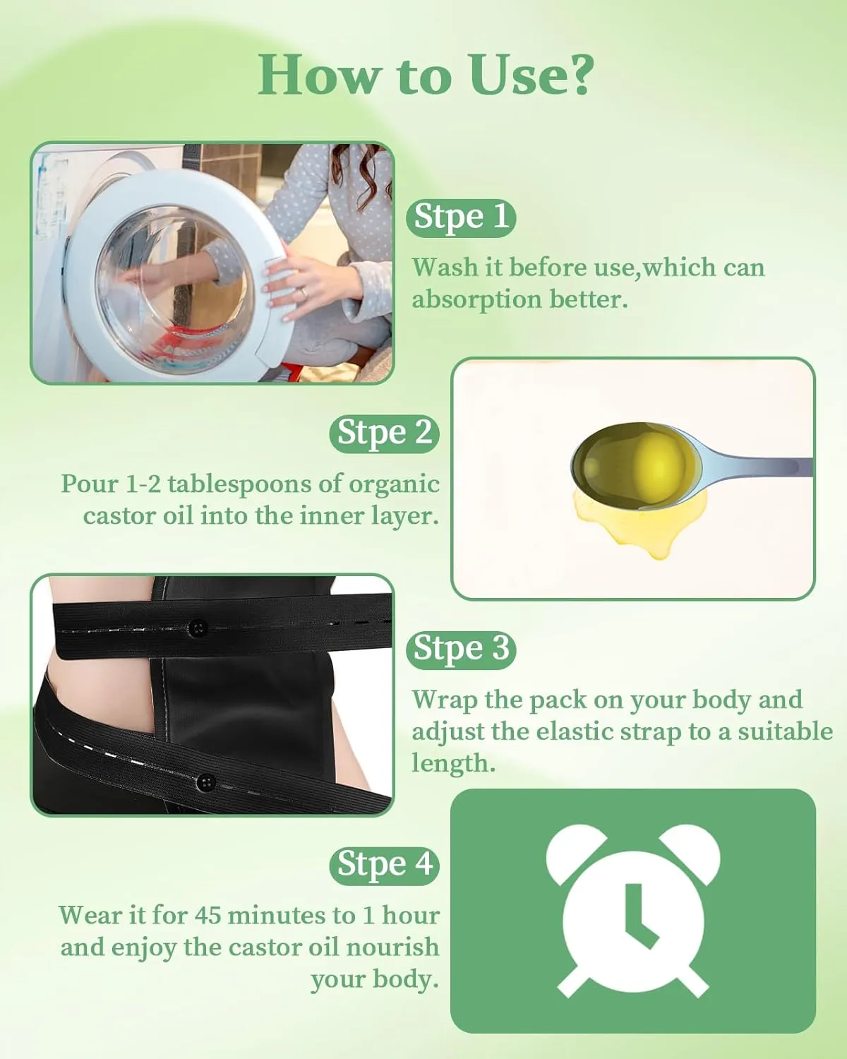 Organic Castor Oil Pack Kit - 9 Pcs Reusable Wrap for Neck, Chest, Waist, Back, Knee & Feet - Adjustable Elastic Straps, Machine Washable, Anti-Oil Leak