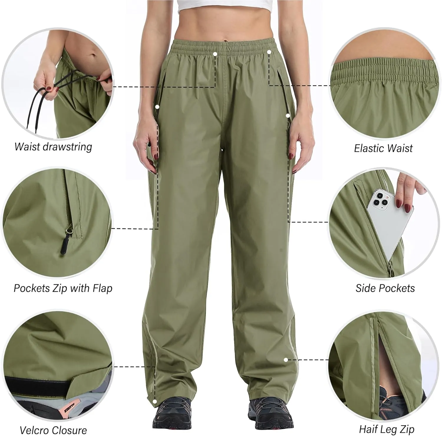 Ourcan Rain Pants Women Waterproof Pants Lightweight Breathable Hiking Cycling Outdoor with Pocket