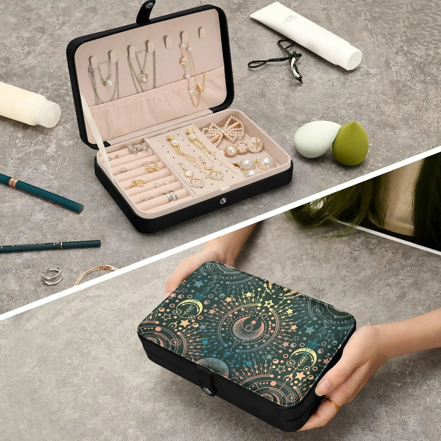 Oyihfvs Alchemy, Magical Astrology, Spirituality and Occultism on Black Leather Jewelry Bag, Jewelry Storage, Portable Jewelry Organizer Boxes for Women Lady Necklace, Earrings, Rings, Bracelet