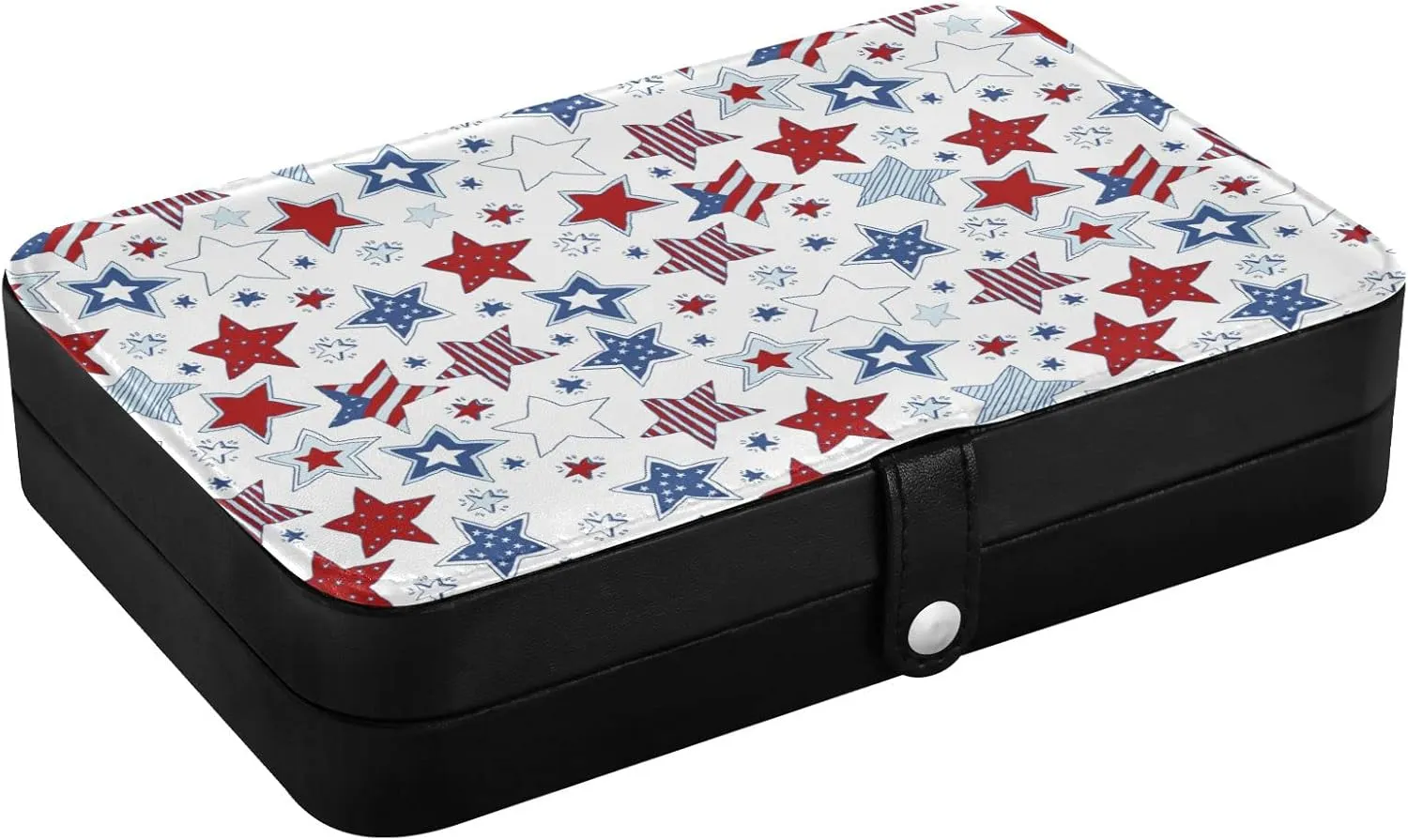 Oyihfvs American Flag Stars USA White and Blue Stars Seamless on White Leather Jewelry Bag, Jewelry Storage, Portable Jewelry Organizer Boxes for Women Lady Necklace, Earrings, Rings, Bracelet