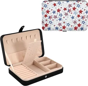 Oyihfvs American Flag Stars USA White and Blue Stars Seamless on White Leather Jewelry Bag, Jewelry Storage, Portable Jewelry Organizer Boxes for Women Lady Necklace, Earrings, Rings, Bracelet