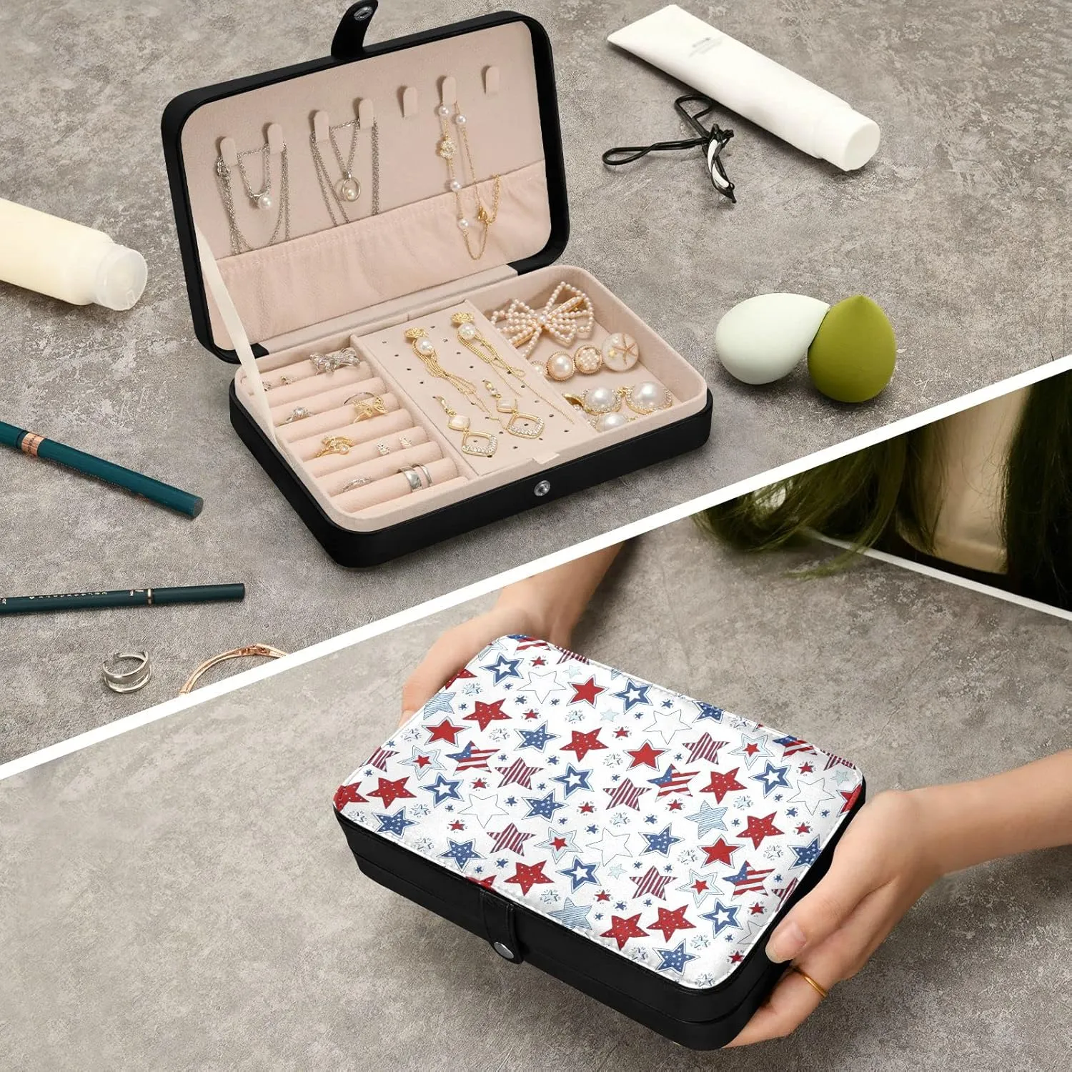 Oyihfvs American Flag Stars USA White and Blue Stars Seamless on White Leather Jewelry Bag, Jewelry Storage, Portable Jewelry Organizer Boxes for Women Lady Necklace, Earrings, Rings, Bracelet