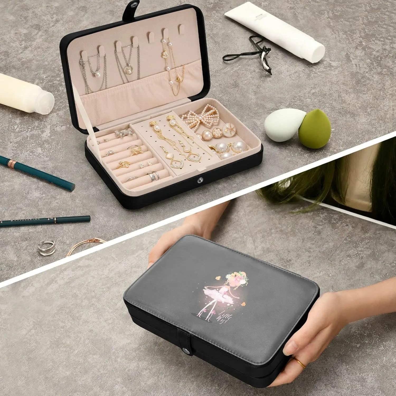 Oyihfvs Beautiful Ballet Girl, Ballerina with Flowers Butterfly and Sparkles Leather Jewelry Bag, Jewelry Storage, Portable Jewelry Organizer Boxes for Women Lady Necklace, Earrings, Rings, Bracelet