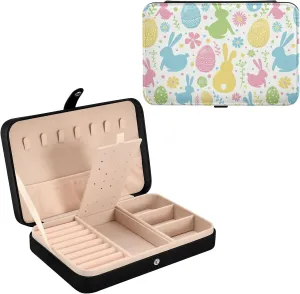 Oyihfvs Colorful Easter Day Ethnic Tribal Eggs, Bunnies Flowers on White Leather Jewelry Bag, Jewelry Storage, Portable Jewelry Organizer Boxes for Women Lady Necklace, Earrings, Rings, Bracelet