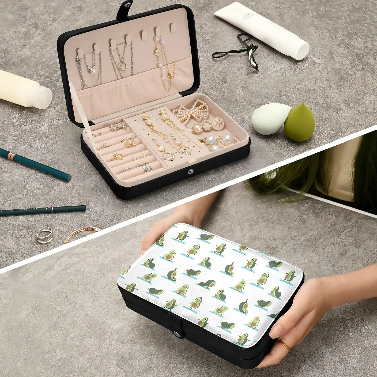 Oyihfvs Cute Green Avocados Do Yoga Relax Seamless Pattern on White Leather Jewelry Bag, Jewelry Storage, Portable Jewelry Organizer Boxes for Women Lady Necklace, Earrings, Rings, Bracelet