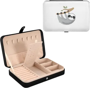 Oyihfvs Cute Grey Sloths on Tree Branches with Green Leaves on White Leather Jewelry Bag, Jewelry Storage, Portable Jewelry Organizer Boxes for Women Lady Necklace, Earrings, Rings, Bracelet