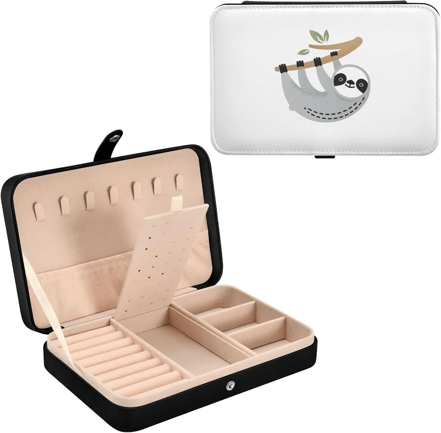 Oyihfvs Cute Grey Sloths on Tree Branches with Green Leaves on White Leather Jewelry Bag, Jewelry Storage, Portable Jewelry Organizer Boxes for Women Lady Necklace, Earrings, Rings, Bracelet