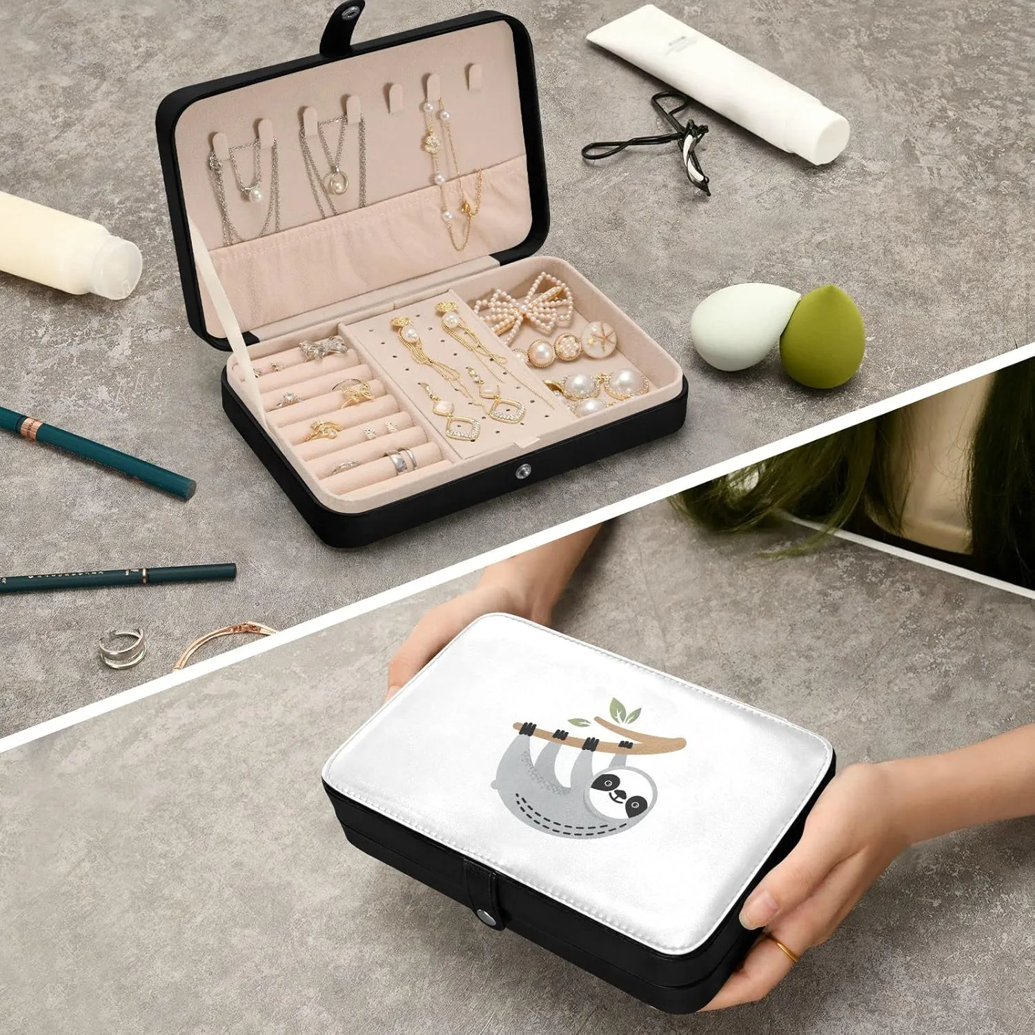 Oyihfvs Cute Grey Sloths on Tree Branches with Green Leaves on White Leather Jewelry Bag, Jewelry Storage, Portable Jewelry Organizer Boxes for Women Lady Necklace, Earrings, Rings, Bracelet