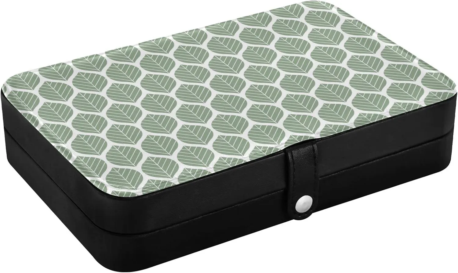 Oyihfvs Geometric Teal Leaves Green Leaf Seamless Pattern on White Leather Jewelry Bag, Jewelry Storage, Portable Jewelry Organizer Boxes for Women Lady Necklace, Earrings, Rings, Bracelet