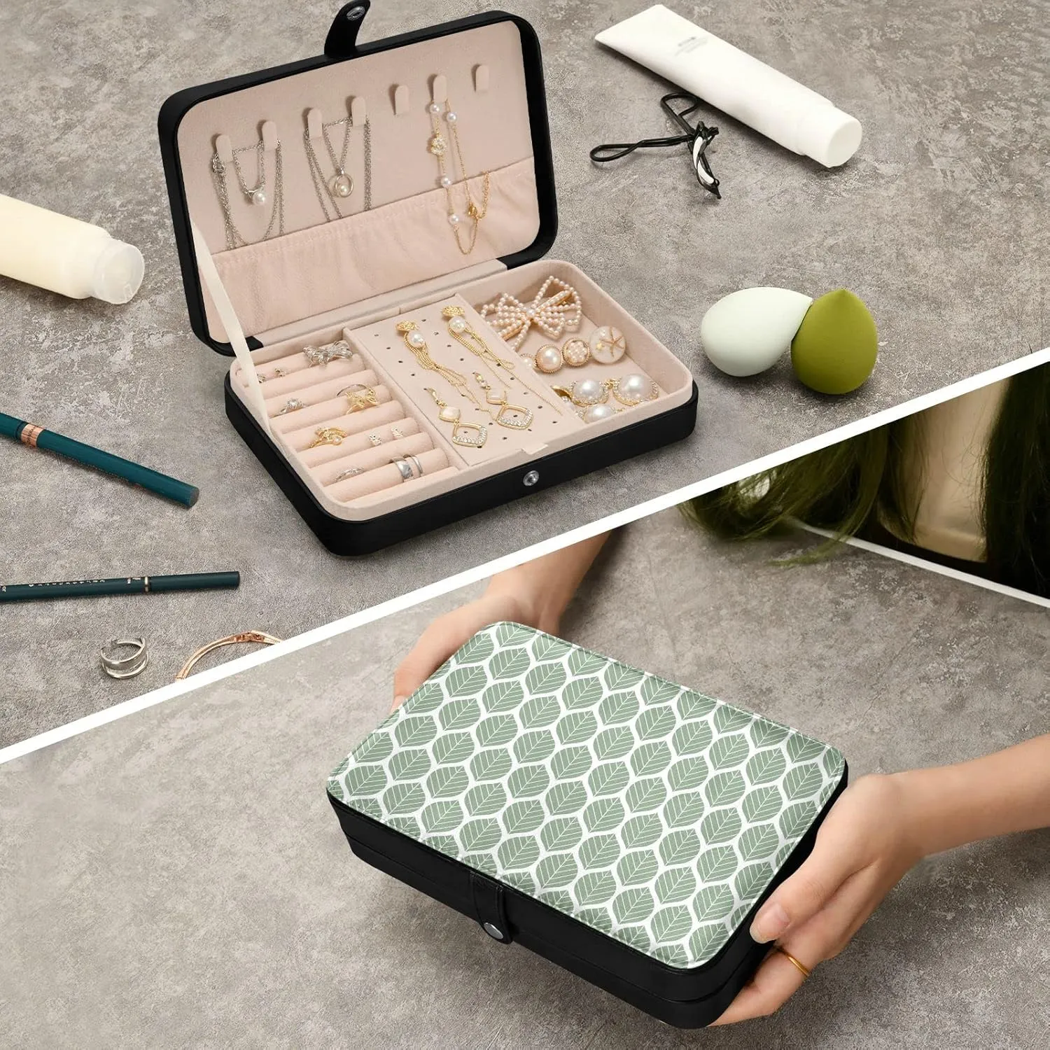 Oyihfvs Geometric Teal Leaves Green Leaf Seamless Pattern on White Leather Jewelry Bag, Jewelry Storage, Portable Jewelry Organizer Boxes for Women Lady Necklace, Earrings, Rings, Bracelet