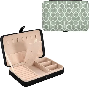 Oyihfvs Geometric Teal Leaves Green Leaf Seamless Pattern on White Leather Jewelry Bag, Jewelry Storage, Portable Jewelry Organizer Boxes for Women Lady Necklace, Earrings, Rings, Bracelet