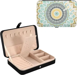 Oyihfvs Hand drawn Ethnic Gold Mandala Arabic, Indian, Turkish and Ottoman Leather Jewelry Bag, Jewelry Storage, Portable Jewelry Organizer Boxes for Women Lady Necklace, Earrings, Rings, Bracelet