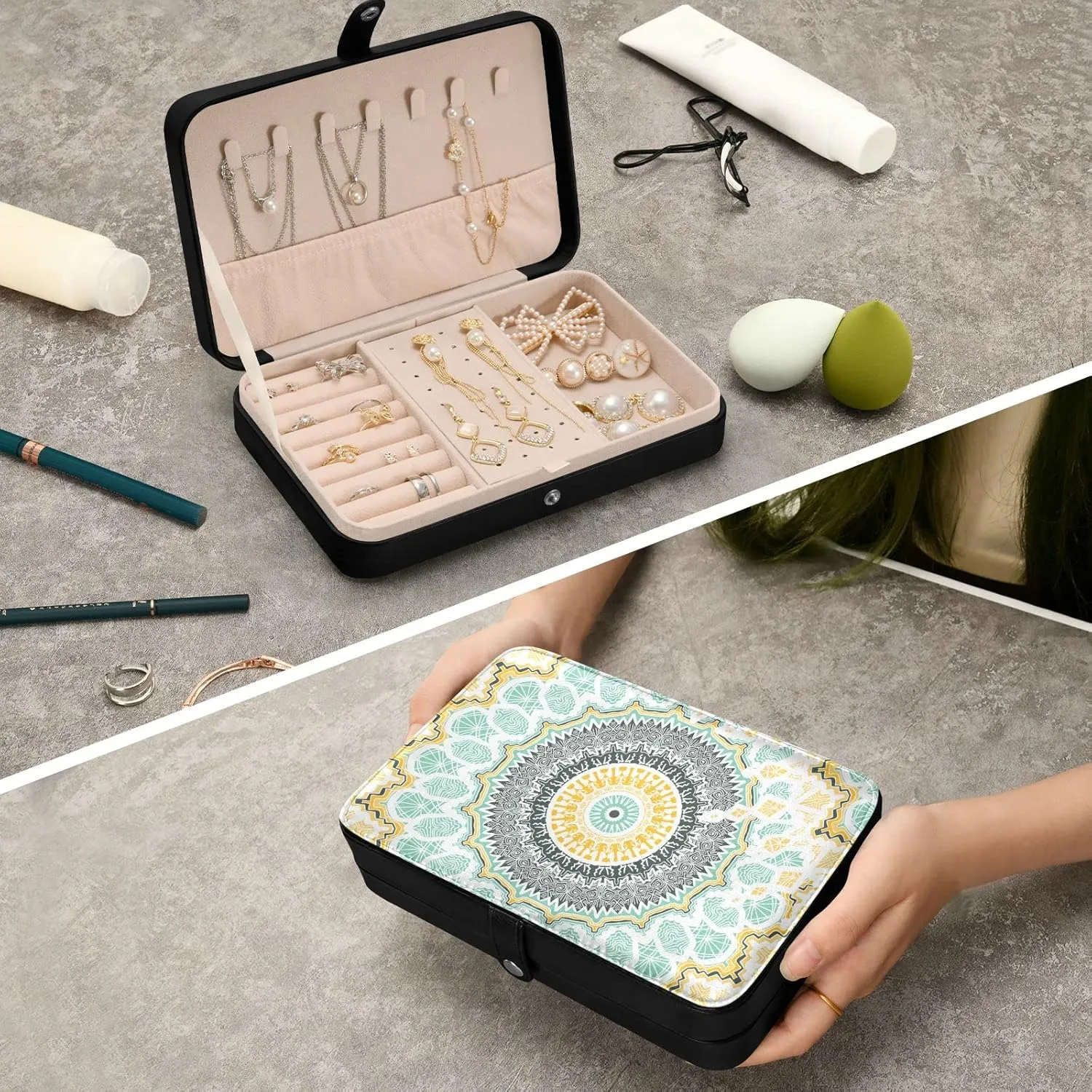 Oyihfvs Hand drawn Ethnic Gold Mandala Arabic, Indian, Turkish and Ottoman Leather Jewelry Bag, Jewelry Storage, Portable Jewelry Organizer Boxes for Women Lady Necklace, Earrings, Rings, Bracelet