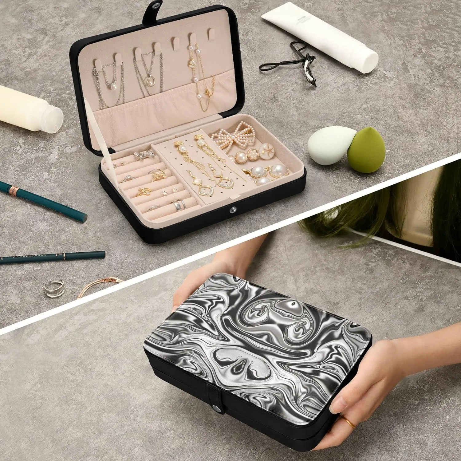 Oyihfvs Mineral, Marble Black and White with Nacre Abstract Paint Art Leather Jewelry Bag, Jewelry Storage, Portable Jewelry Organizer Boxes for Women Lady Necklace, Earrings, Rings, Bracelet