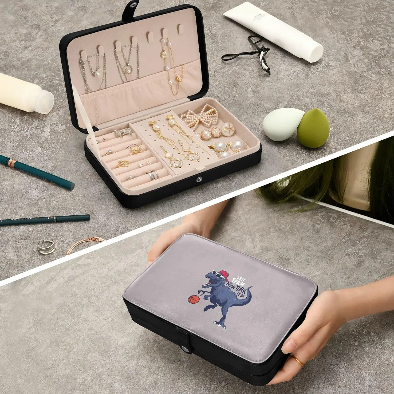 Oyihfvs Navy Blue Basketball Player Dinosaur Best Team New York Leather Jewelry Bag, Jewelry Storage, Portable Jewelry Organizer Boxes for Women Lady Necklace, Earrings, Rings, Bracelet