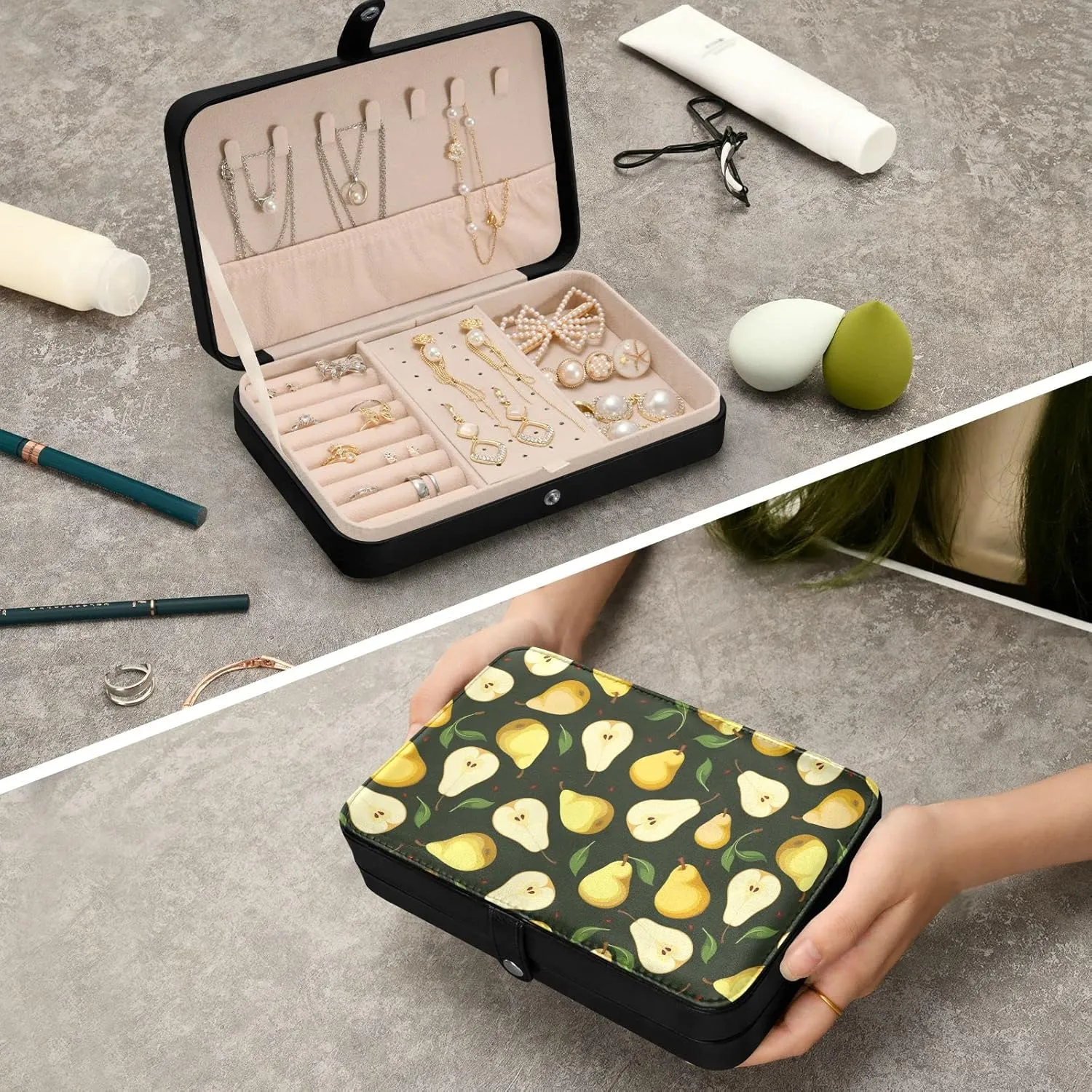 Oyihfvs Seamless Background with Yellow Pears with Green Leaves on Black Leather Jewelry Bag, Jewelry Storage, Portable Jewelry Organizer Boxes for Women Lady Necklace, Earrings, Rings, Bracelet