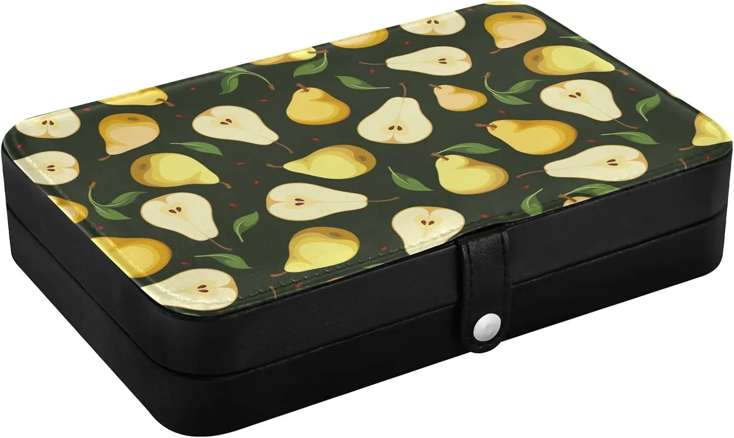 Oyihfvs Seamless Background with Yellow Pears with Green Leaves on Black Leather Jewelry Bag, Jewelry Storage, Portable Jewelry Organizer Boxes for Women Lady Necklace, Earrings, Rings, Bracelet