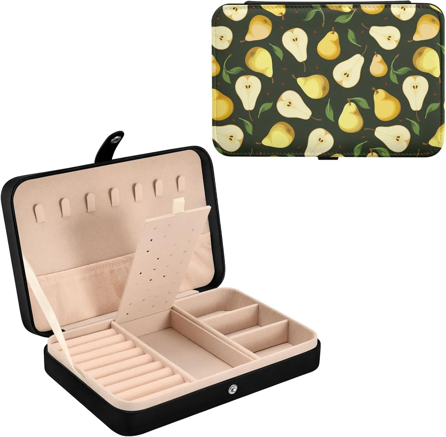 Oyihfvs Seamless Background with Yellow Pears with Green Leaves on Black Leather Jewelry Bag, Jewelry Storage, Portable Jewelry Organizer Boxes for Women Lady Necklace, Earrings, Rings, Bracelet