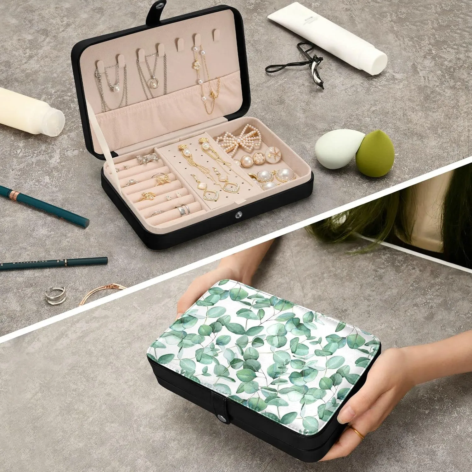 Oyihfvs Seamless Branches with Green Eucalyptus Leaves on White Leather Jewelry Bag, Jewelry Storage, Portable Jewelry Organizer Boxes for Women Lady Necklace, Earrings, Rings, Bracelet